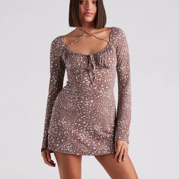 Long Sleeve A-Line Dress Brown Leopard Printed - Picture 2 of 4